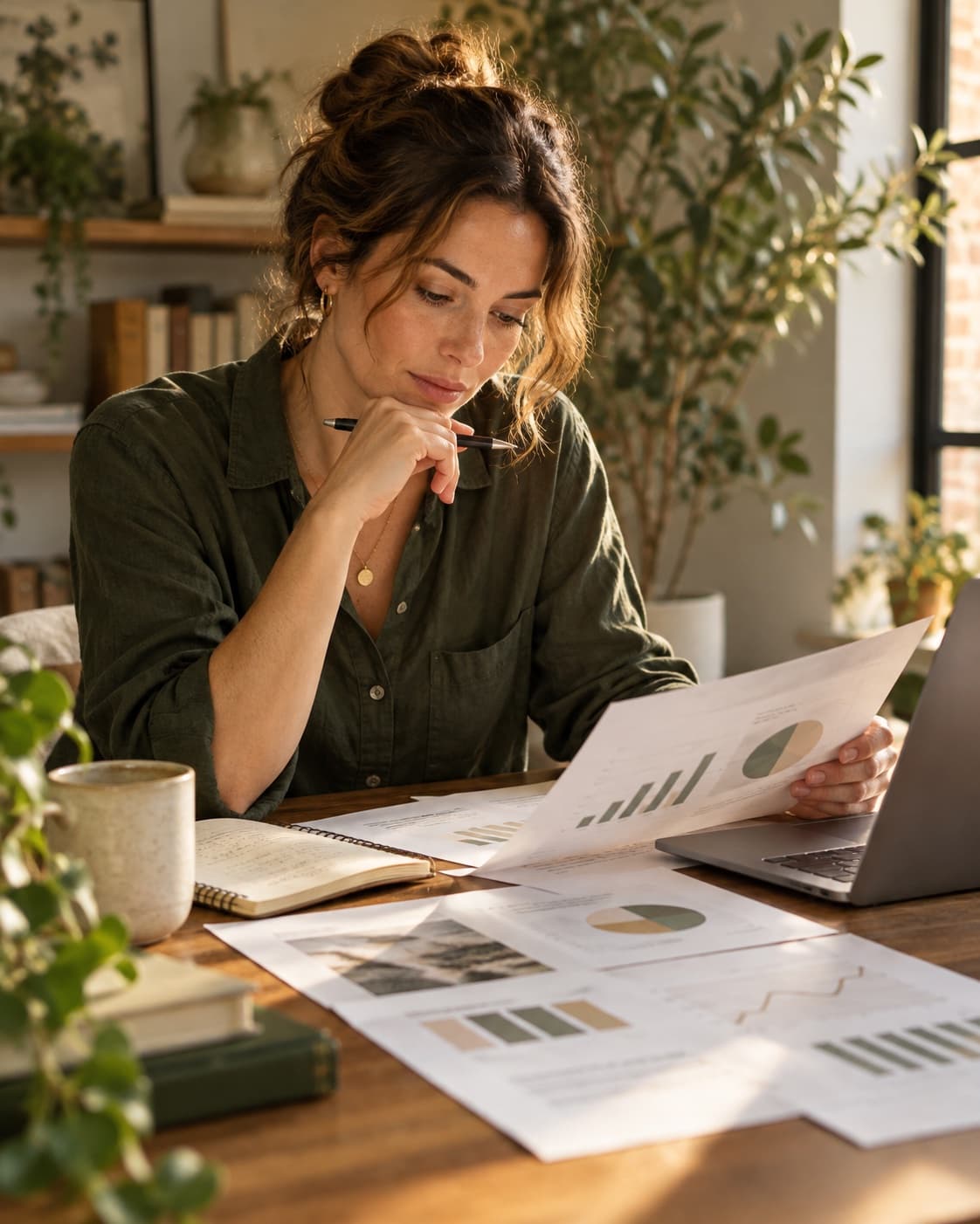 A strategist reviewing campaign reports beside a laptop